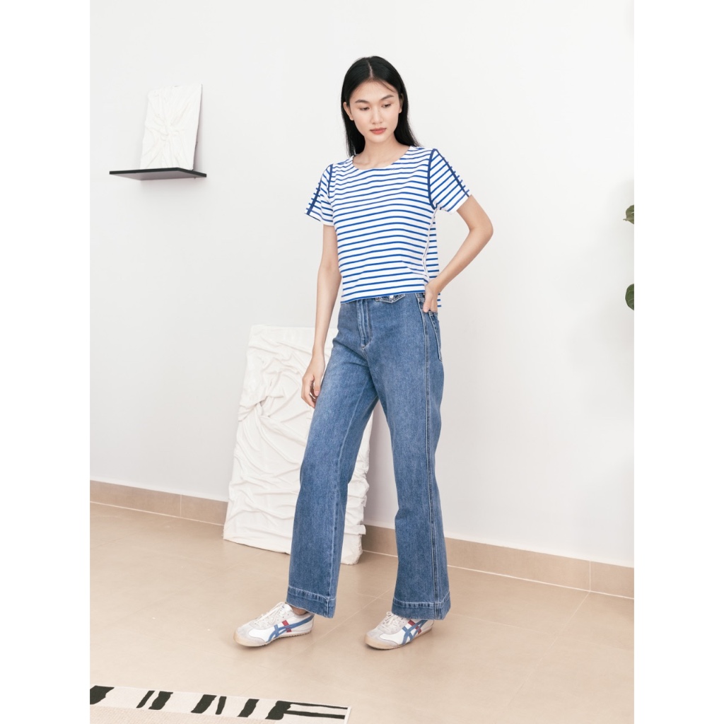 TheBlueTshirt - Áo thun sọc tay ngắn thiết kế cúc ở 2 bên áo cho nữ - Line T Signature Blue Stripe - Women