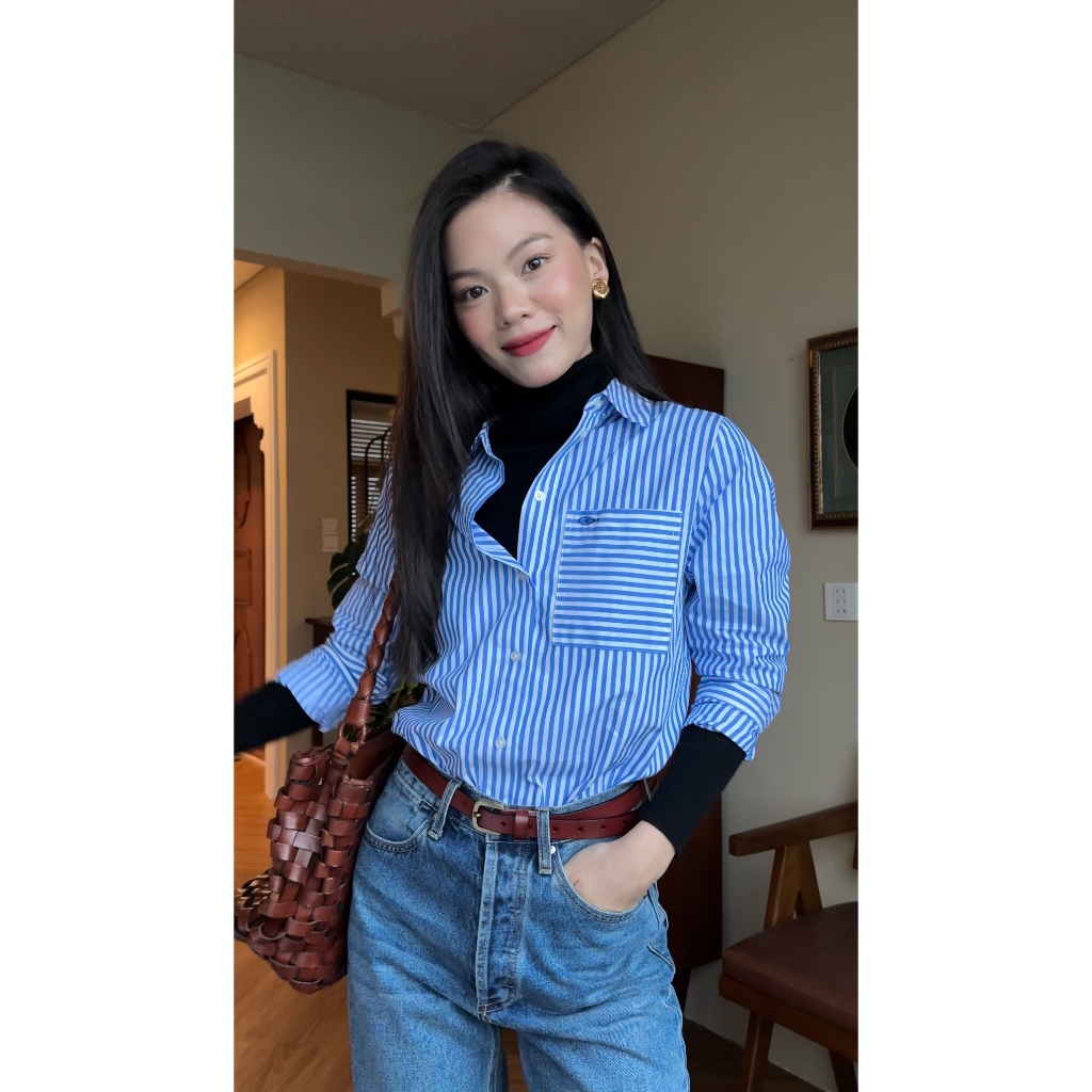 Ảnh TheBlueTshirt - Áo sơ mi kẻ sọc dài tay phom rộng cho nữ - New Pocket Oversize Shirt - Women 2