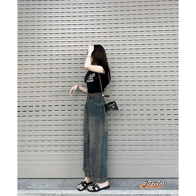 Quần denim nữ ống rộng dáng dài cạp cao siêu hot