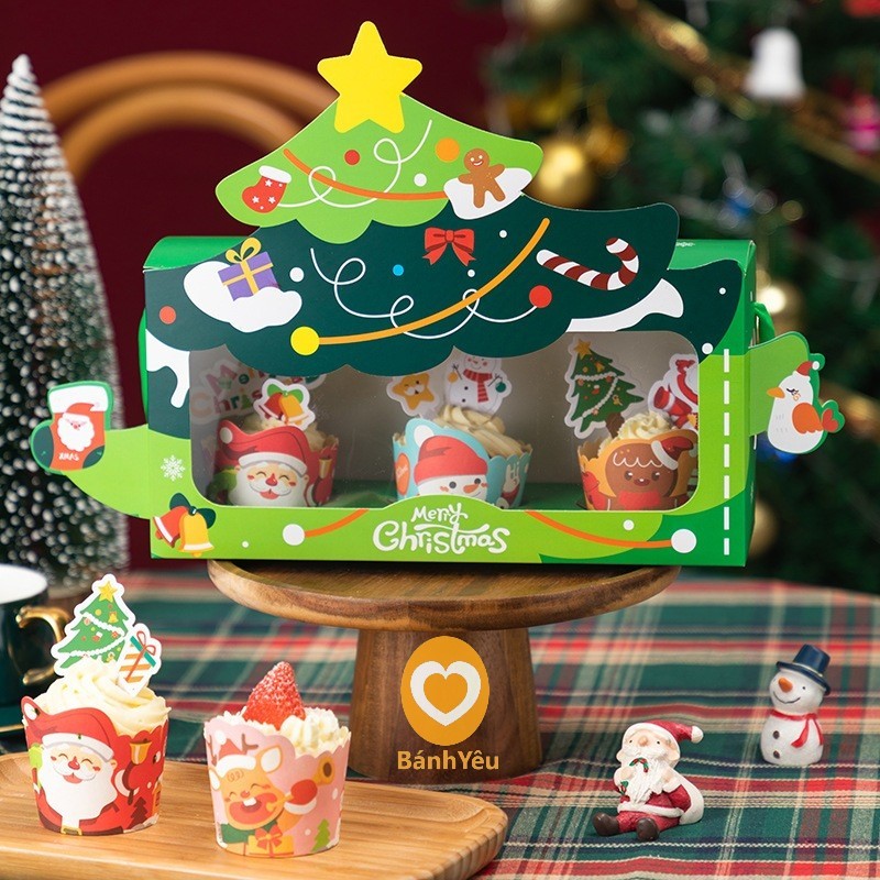 Hộp đựng bánh Cupcake 3 bánh Mẫu Giáng Sinh (CBTC)