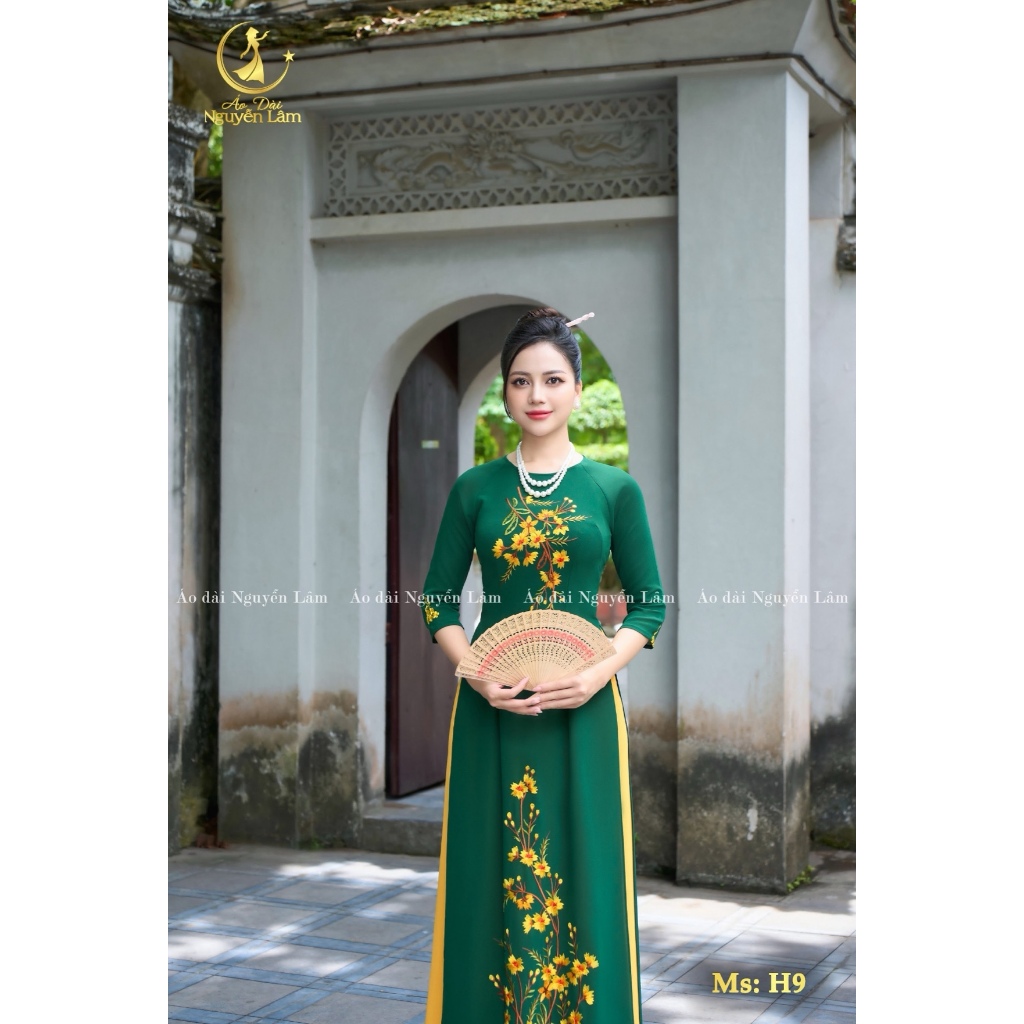 [GIẢM 40K] Áo Dài Lụa Thêu Cao Cấp Tinh Tế, Áo Dài Cho Mẹ H9 Xanh Rêu Cao Giãn Nhẹ, Thấm Hút Tốt - Áo Dài Thêu Hoa Tỉ Mỉ
