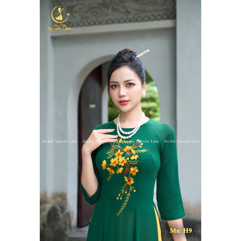 [GIẢM 40K] Áo Dài Lụa Thêu Cao Cấp Tinh Tế, Áo Dài Cho Mẹ H9 Xanh Rêu Cao Giãn Nhẹ, Thấm Hút Tốt - Áo Dài Thêu Hoa Tỉ Mỉ