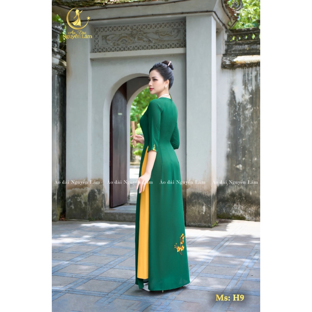 [GIẢM 40K] Áo Dài Lụa Thêu Cao Cấp Tinh Tế, Áo Dài Cho Mẹ H9 Xanh Rêu Cao Giãn Nhẹ, Thấm Hút Tốt - Áo Dài Thêu Hoa Tỉ Mỉ
