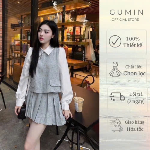 Set bộ áo váy GUMIN thiết kế áo dạ phối cổ sơ mi kèm chân váy dáng ngắn xếp ly xòe hàng hai lớp có lót trong cao cấp