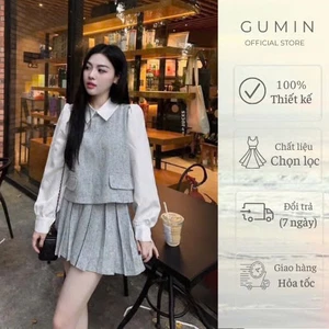 Set bộ áo váy GUMIN thiết kế áo dạ phối cổ sơ mi kèm chân váy dáng ngắn xếp ly xòe hàng hai lớp có lót trong cao cấp