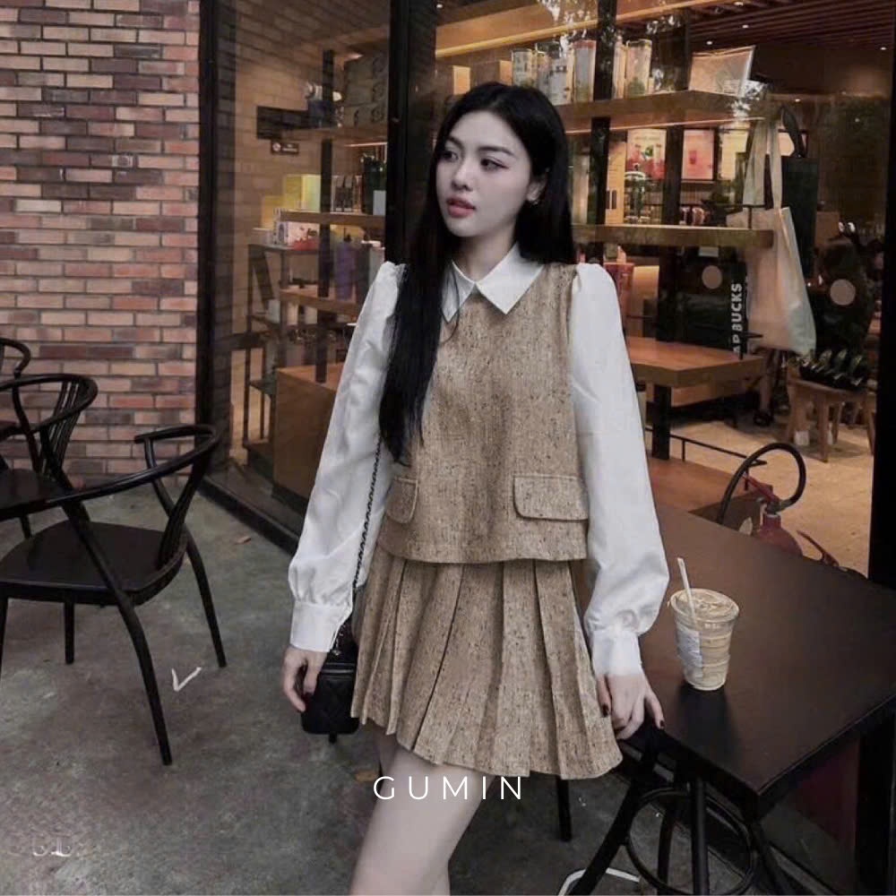 Set bộ áo váy GUMIN thiết kế áo dạ phối cổ sơ mi kèm chân váy dáng ngắn xếp ly xòe hàng hai lớp có lót trong cao cấp