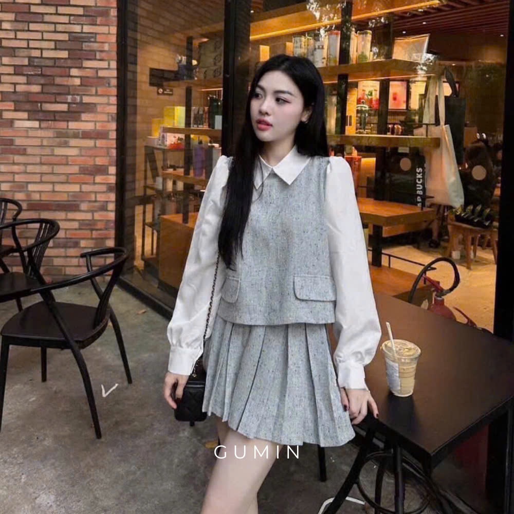 Set bộ áo váy GUMIN thiết kế áo dạ phối cổ sơ mi kèm chân váy dáng ngắn xếp ly xòe hàng hai lớp có lót trong cao cấp
