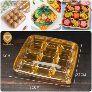 Hộp nhựa/Khay 9 ô đế vàng nắp trong T450 đựng bánh Dứa, Mochi, bánh trung thu-BB206