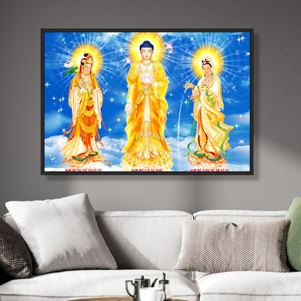 Tranh Ta Bà Tam Thánh Chất Liệu Gỗ Tráng Gương Có Khung - Tranh Phòng Thờ