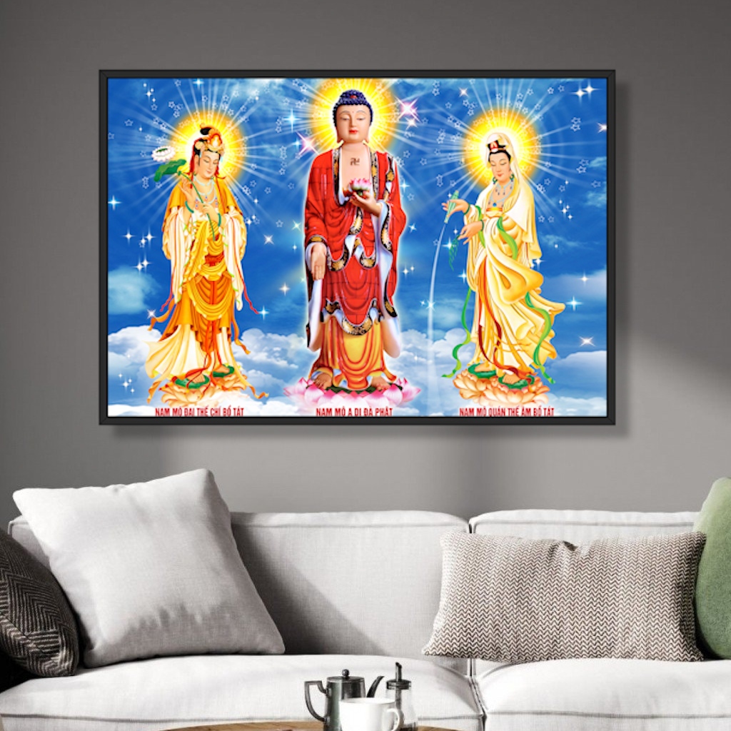 Tranh Ta Bà Tam Thánh Chất Liệu Gỗ Tráng Gương Có Khung - Tranh Phòng Thờ
