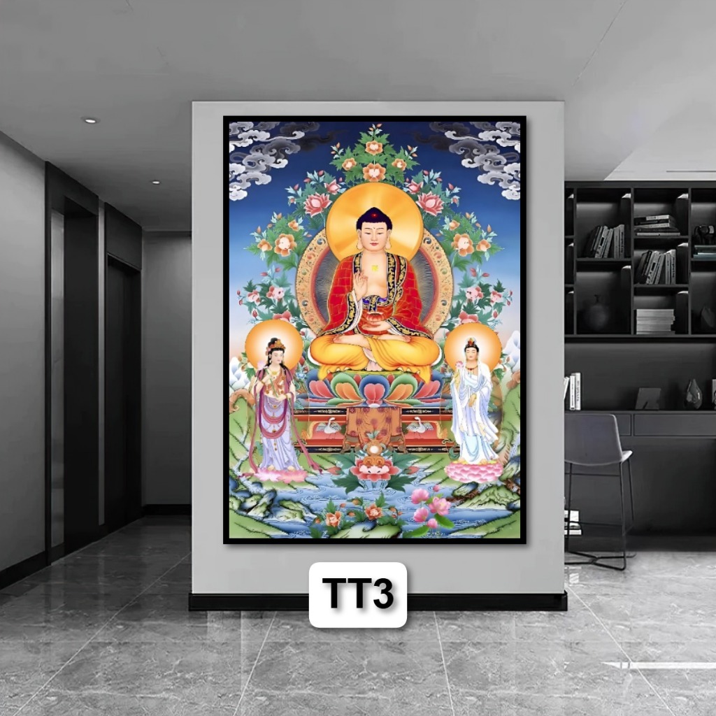 Tranh Ta Bà Tam Thánh Chất Liệu Gỗ Tráng Gương Có Khung - Tranh Phòng Thờ