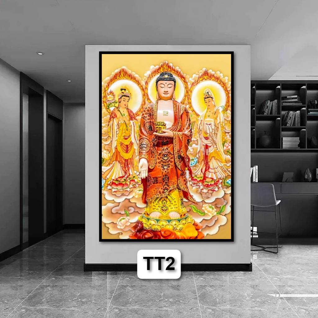 Tranh Ta Bà Tam Thánh Chất Liệu Gỗ Tráng Gương Có Khung - Tranh Phòng Thờ