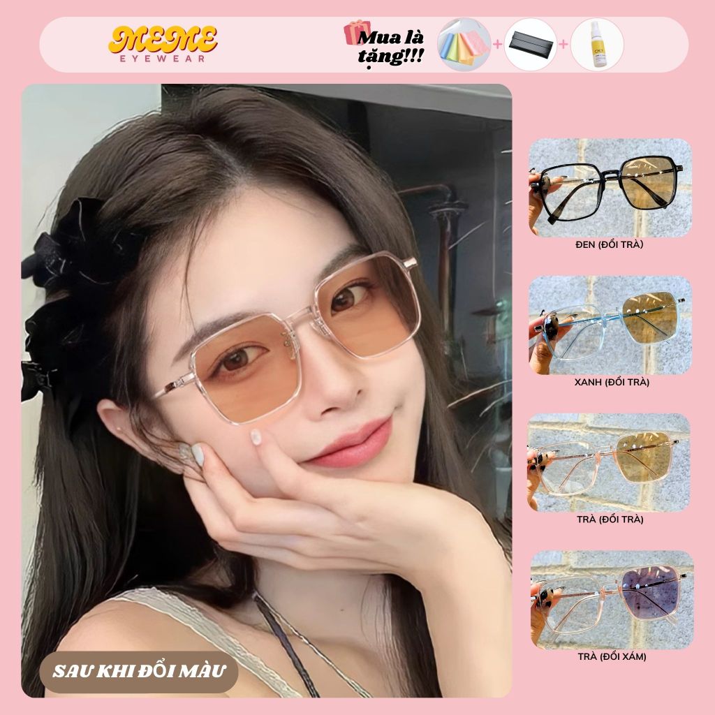 Mắt kính nữ đổi màu chống ánh sáng xanh tia UV bụi gọng kính vuông thời ...