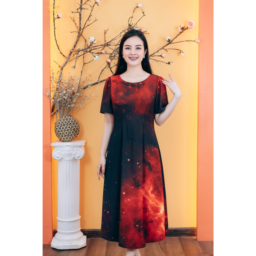 Ảnh Đầm suông xòe - Cổ tròn tay ngắn - Đen họa tiết - TTV Store thời trang nữ TTV1779 1