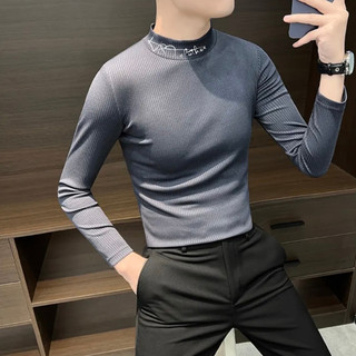 Áo Giữ Nhiệt Nam Áo Thun tăm tre Nam Tay Dài Cổ Cao thêu chữ dáng ôm body Thu Đông Thể Thao 4 chiều