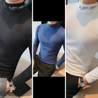 Áo Giữ Nhiệt Nam Áo Thun tăm tre Nam Tay Dài Cổ Cao thêu chữ dáng ôm body Thu Đông Thể Thao 4 chiều