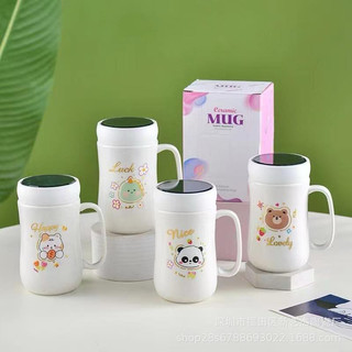 Cốc sứ giữ nhiệt có quai cầm soi gương,cốc uống nước nắp đậy tráng gương 400ml