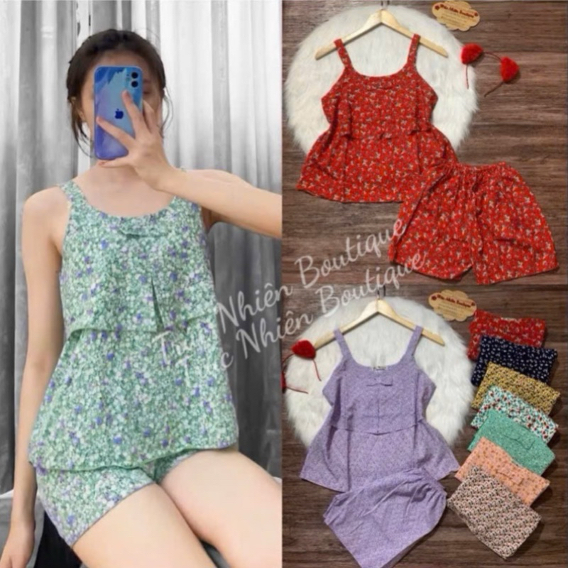 Bộ đồ dây bản to 2 tầng đính nơ mặc nhờ dễ thương phom dưới 58kg, quần không có túi - B29