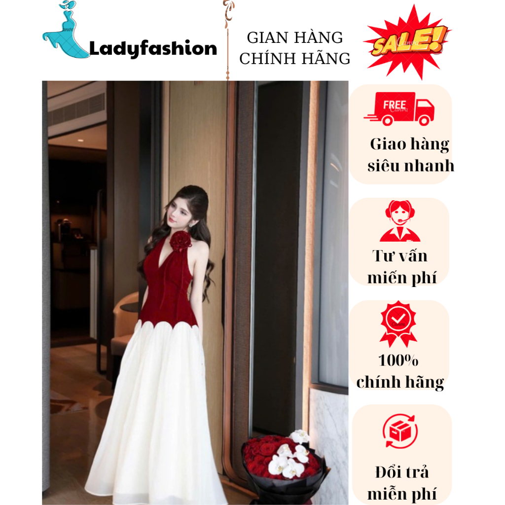 Đầm váy nữ Yếm nhung sát nách đính hoa phối voan tơ hàn chân vầy dài xòe cao cấp phong cách tiểu thư New 2024