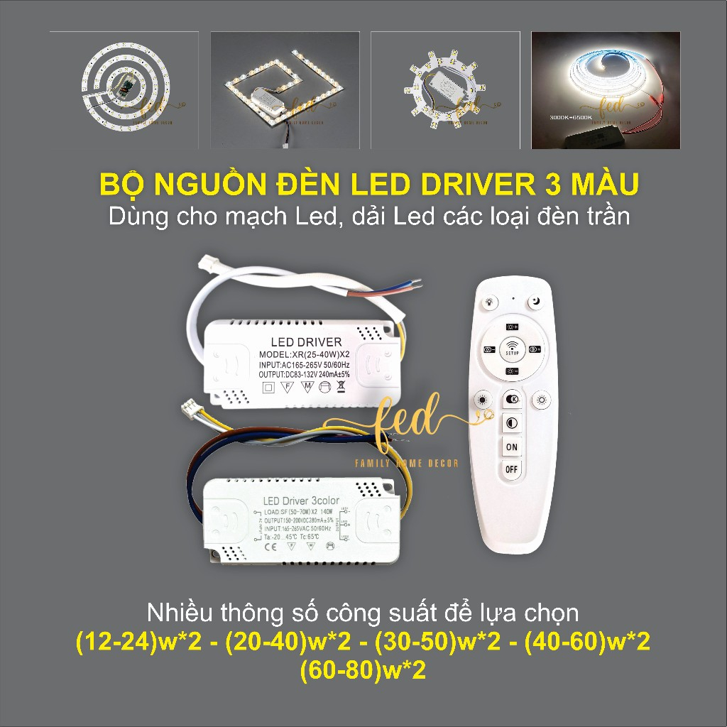 Driver Led 3 Màu 12-24w, 20-40w, 40-60w Tăng phô Vỉ Led Đèn Ốp Trần Đèn ...