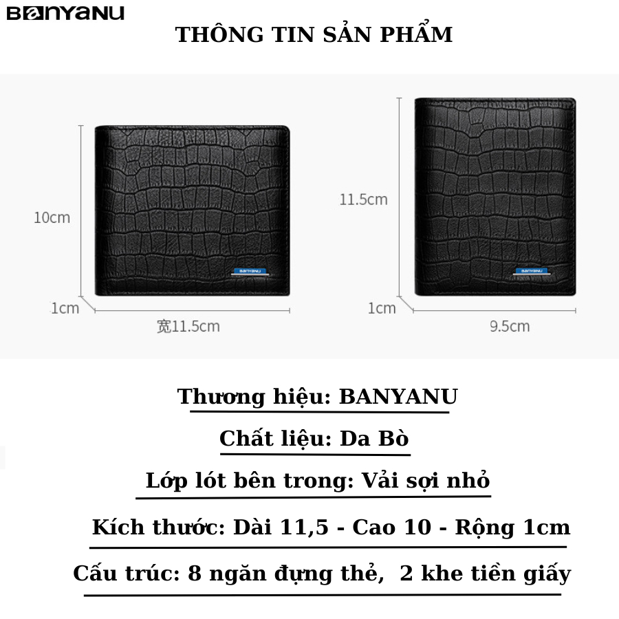 Ví đứng nam da bò ví ngang nam nhiều ngăn bóp nam da thật chính hãng BANYANU BCV-FV05  có hộp làm quà tặng sang trọng
