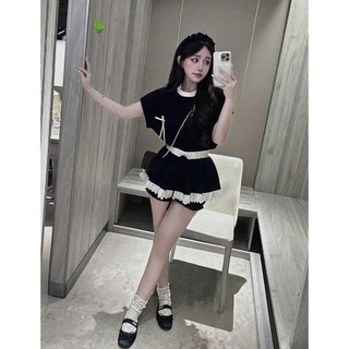 Set đồ nữ áo cánh dơi đính nơ+chân váy bí xòe phối ren có quần trong lưng thun <55kg