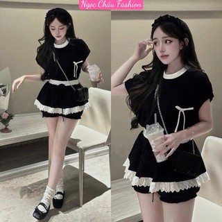 Set đồ nữ áo cánh dơi đính nơ+chân váy bí xòe phối ren có quần trong lưng thun <55kg