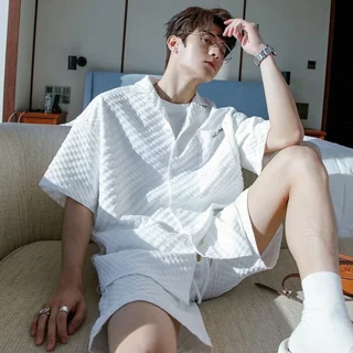 Bộ quần áo nam phom rộng Áo sơ mi khuy cài kết hợp Quần short vải xốp thoáng mát NAISU