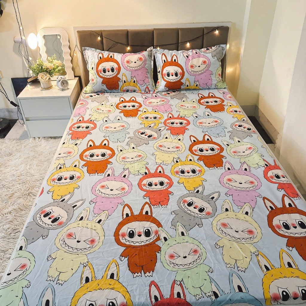 Ga giường LABUBU cotton poly dễ thương màu sắc nét, ga chun bọc đệm ...