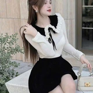 Sét áo REn Nữ Phối Bèo Tiểu Thư + CHân Váy Nhung Trơn Hót Trend