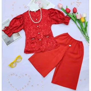 Set Bộ Áo bà ba gấm tay chun phồng cúc ngọc + quần lụa bóng mềm mịn cho bé gái  mặc trung thu, lễ tết,  BB06 - BEEKIDS
