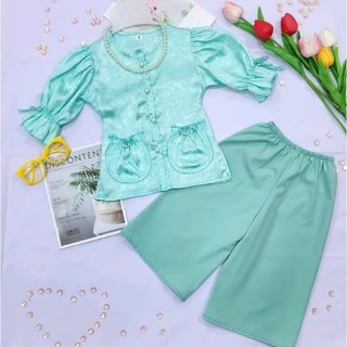Set Bộ Áo bà ba gấm tay chun phồng cúc ngọc + quần lụa bóng mềm mịn cho bé gái  mặc trung thu, lễ tết,  BB06 - BEEKIDS