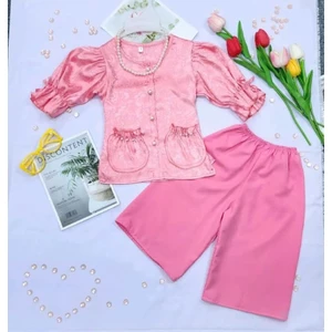 Set Bộ Áo bà ba gấm tay chun phồng cúc ngọc + quần lụa bóng mềm mịn cho bé gái mặc trung thu, lễ tết, BB06 - BEEKIDS