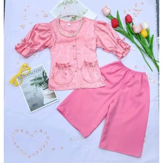 Set Bộ Áo bà ba gấm tay chun phồng cúc ngọc + quần lụa bóng mềm mịn cho bé gái  mặc trung thu, lễ tết,  BB06 - BEEKIDS