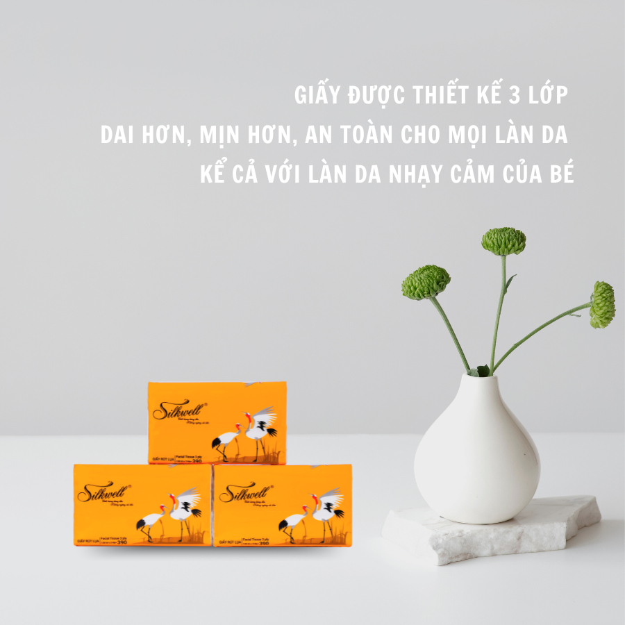 Thùng 10 gói Giấy ăn rút lụa Silkwell Sếu 130 tờ 3 lớp dày dặn, giấy ăn rút lụa cao cấp dai mịn, 100% bột gỗ tự nhiên
