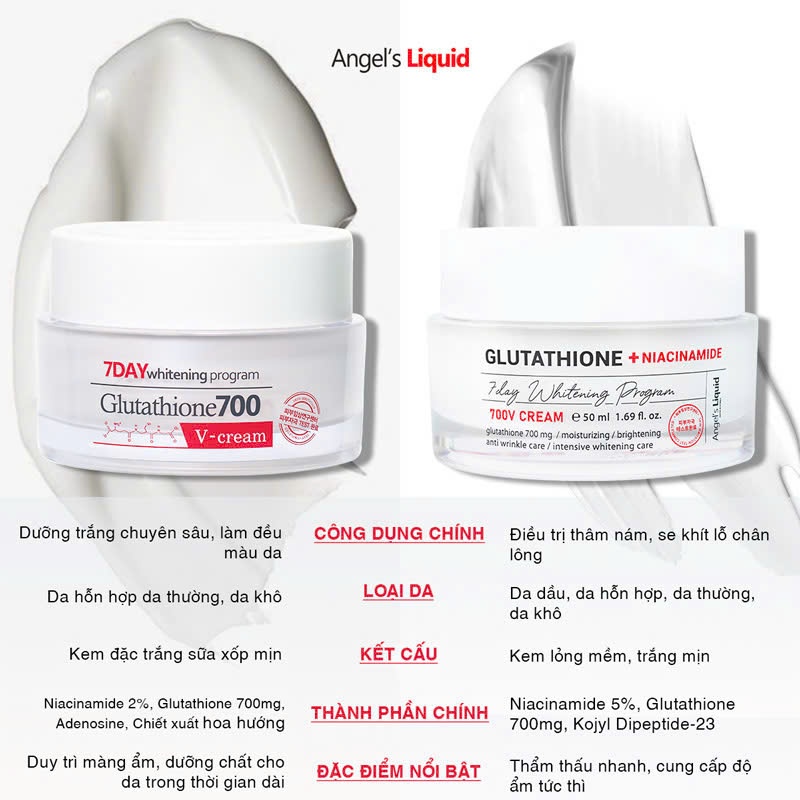Kem Dưỡng Angel's Liquid's 7Day Glutathione 700/Glutathione +Niacinamide V-Cream Dưỡng Trắng Da, Mờ Thâm Nám 50g