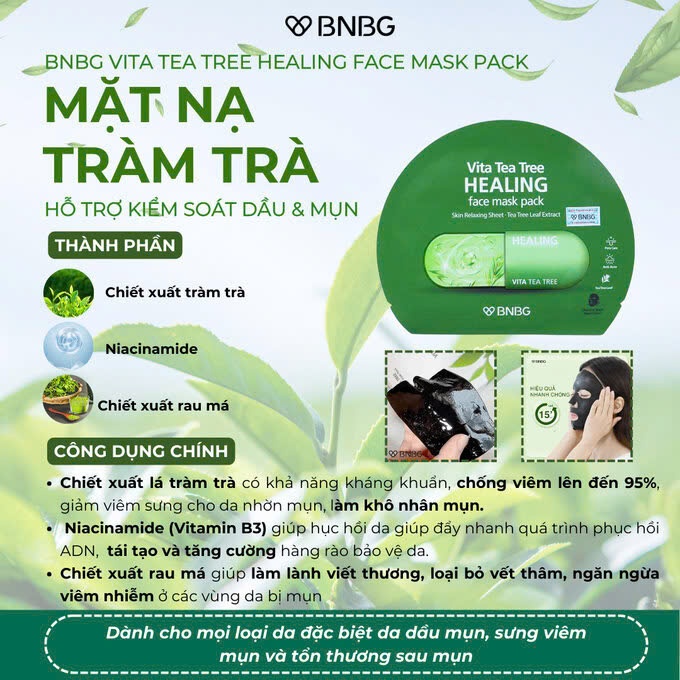 Ảnh Combo 5 Mặt nạ thải bã nhờn, giảm mụn chiết xuất tràm trà BNBG Vita Tea Tree Healing Face Mask Pack 30ml x 5 1