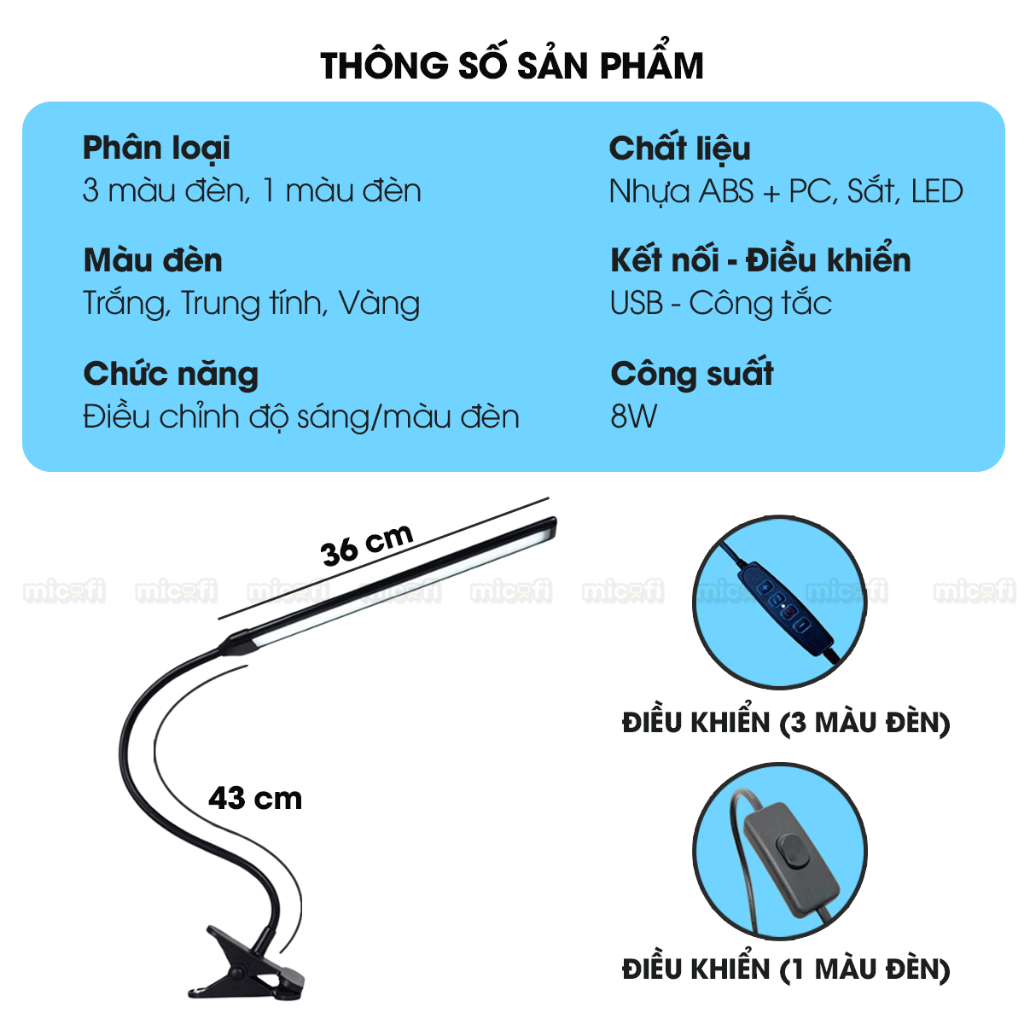Đèn LED Bàn Học Micofi Đọc Sách Kẹp Bàn Làm Việc USB Cắm Điện, Đèn Kẹp Sách 3 Màu Chống Cận Xoay 360 Độ Chỉnh Độ Sáng | BigBuy360 - bigbuy360.vn