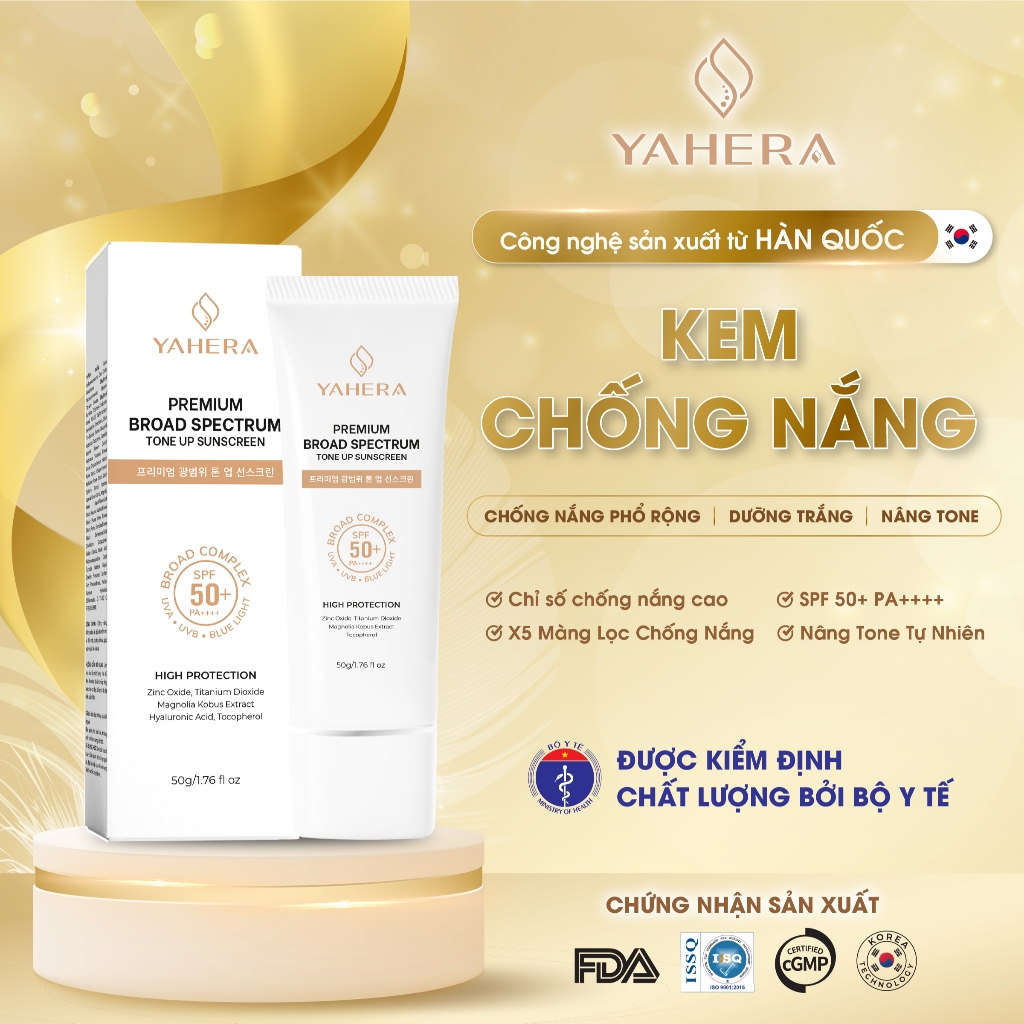 Kem chống nắng phổ rộng nâng tone 6 màng lọc chống nắng YAHERA Premium Sun Cream Broad Spectrum SPF50+ PA++++ 50g