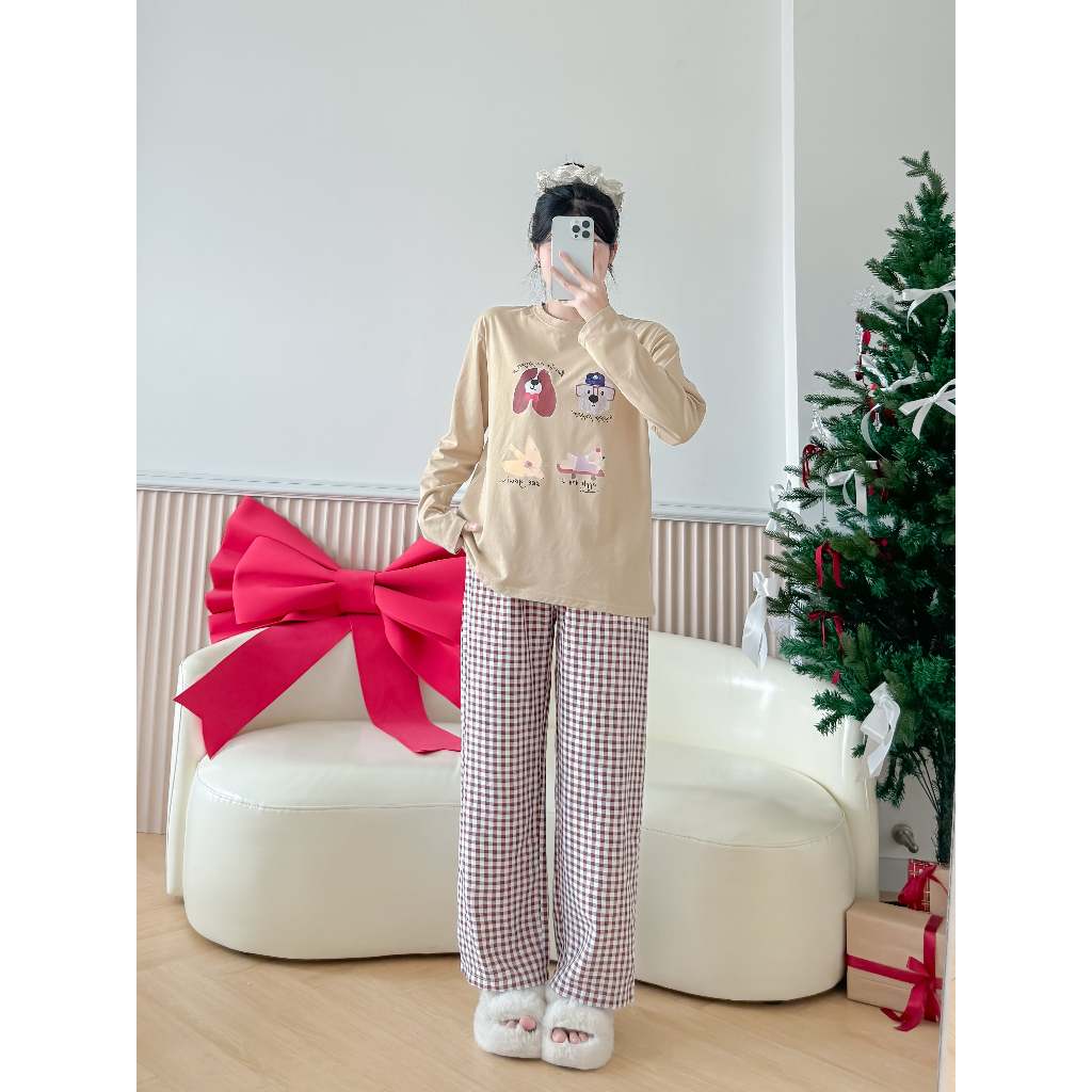 Set đồ bộ tay dài nữ mặc nhà thời trang, Đồ bộ áo dài tay dáng rộng, quần caro dài menina