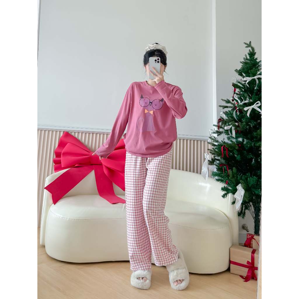 Set đồ bộ tay dài nữ mặc nhà thời trang, Đồ bộ áo dài tay dáng rộng, quần caro dài menina