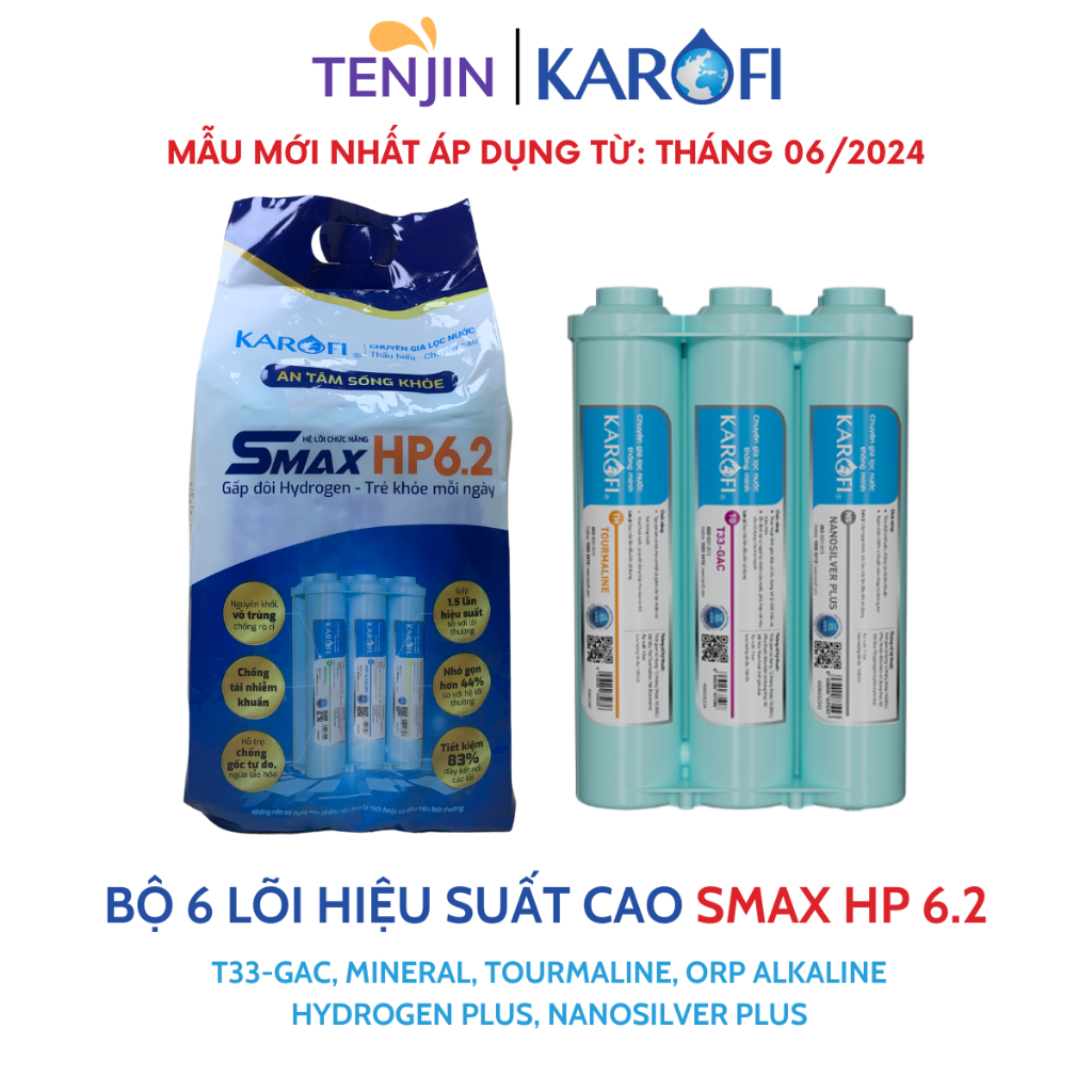 Bộ 6 Lõi Lọc Khoáng Karofi Smax HP 6.2 Hiệu Suất Cao Gồm T33, Mineral, Nano, ORP Alkaline, Hydrogen, Tourmaline...