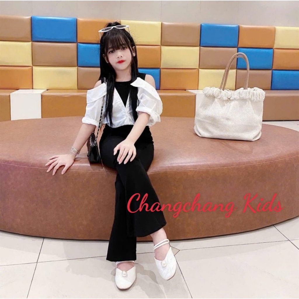Sét đồ bé gái quần ống loe áo sơ mi trễ vai cho mẹ và bé gái 15-55kg