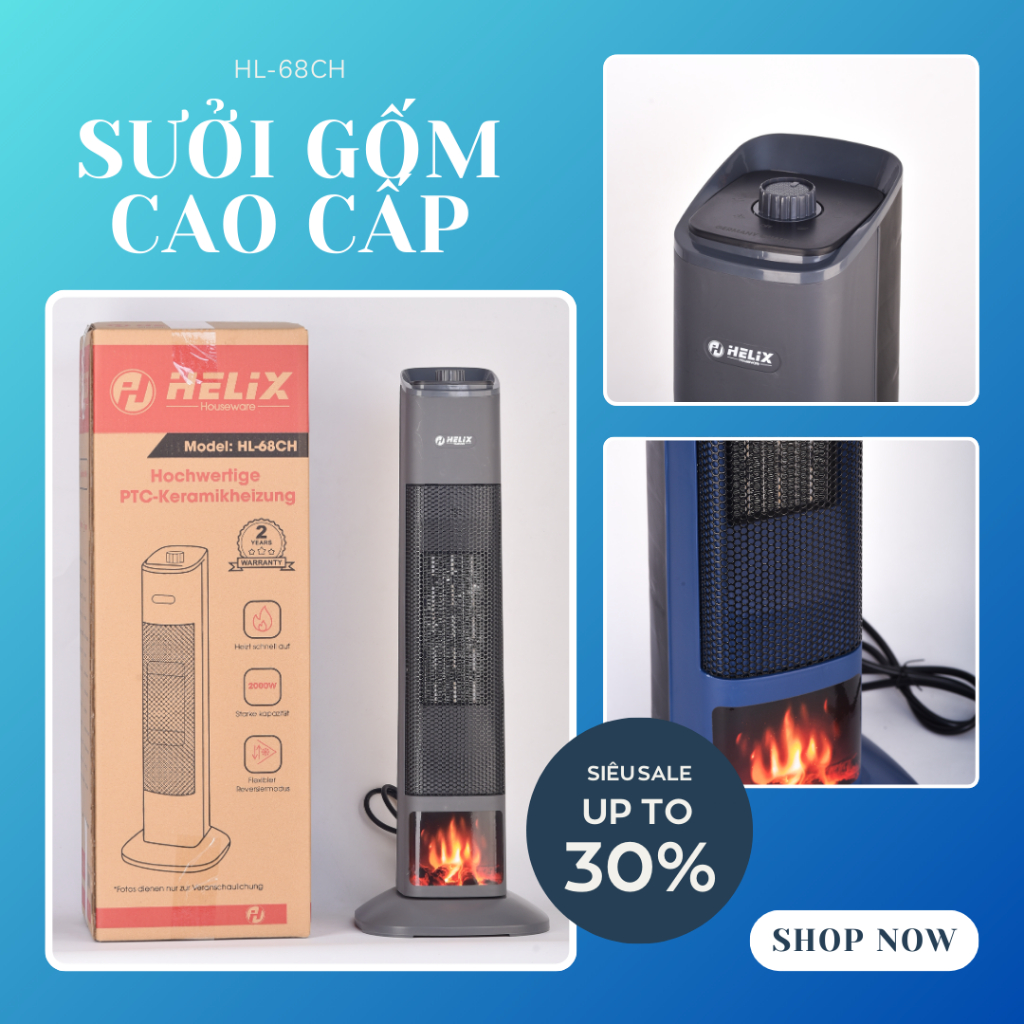 Máy Sưởi Gốm PTC-Ceramic thương hiệu Helix của Đức HL-68CH, Quạt sưởi hiện đại, an toàn, ấm nhanh