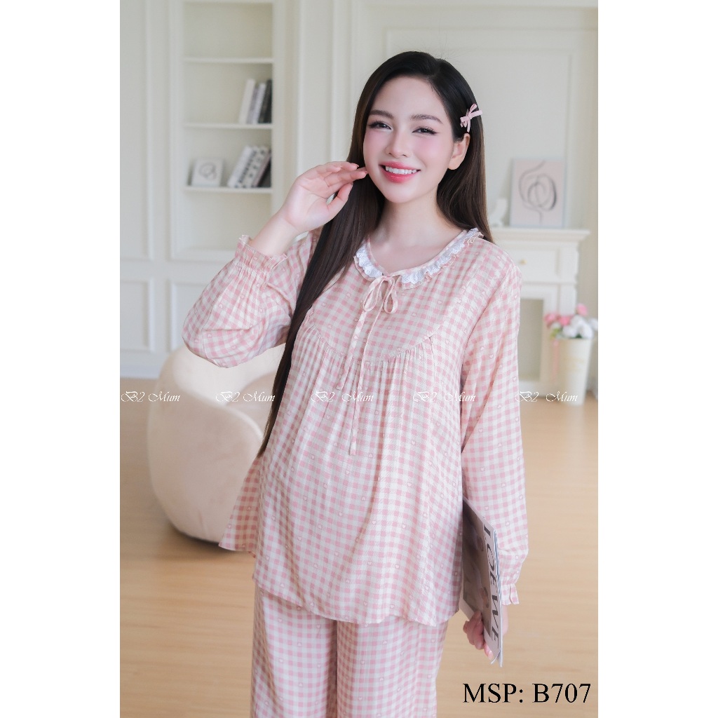 Bộ bầu mặc nhà và sau sinh Đũi cao cấp mềm nhẹ mát Áo có khóa dọc bé ti và quần chun chỉnh bụng - B707 B2MUM