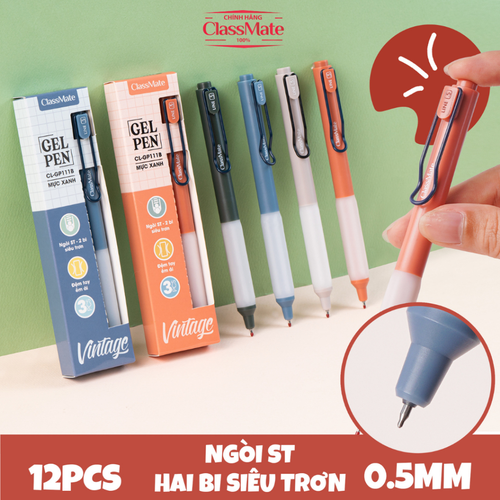 Hộp 3 Bút Gel Bấm Ngòi 0.5mm Cao Cấp CLASSMATE Vintage Hai Màu Mực Xanh ...