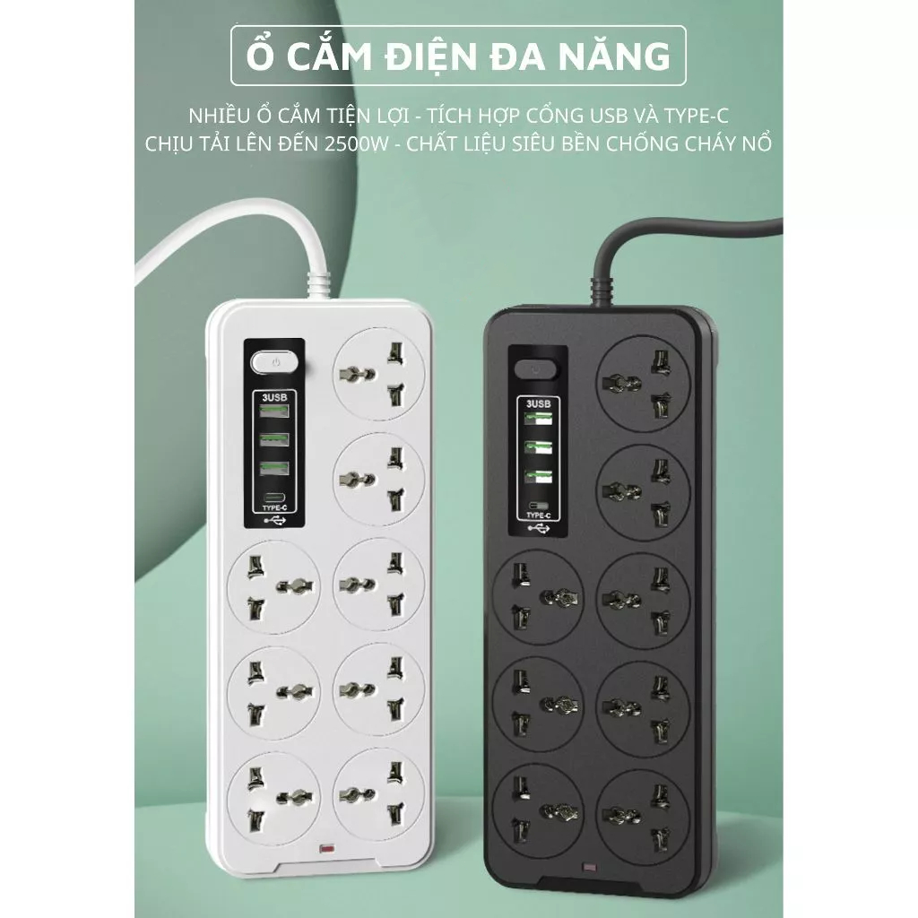 【🔥Rẻ】Ổ Cắm Điện Đa Năng Cao Cấp A8 Sạc Nhanh Cổng USB TypeC Chịu Tải 2500w An Toàn Chịu Nhiệt Dây 2,8M