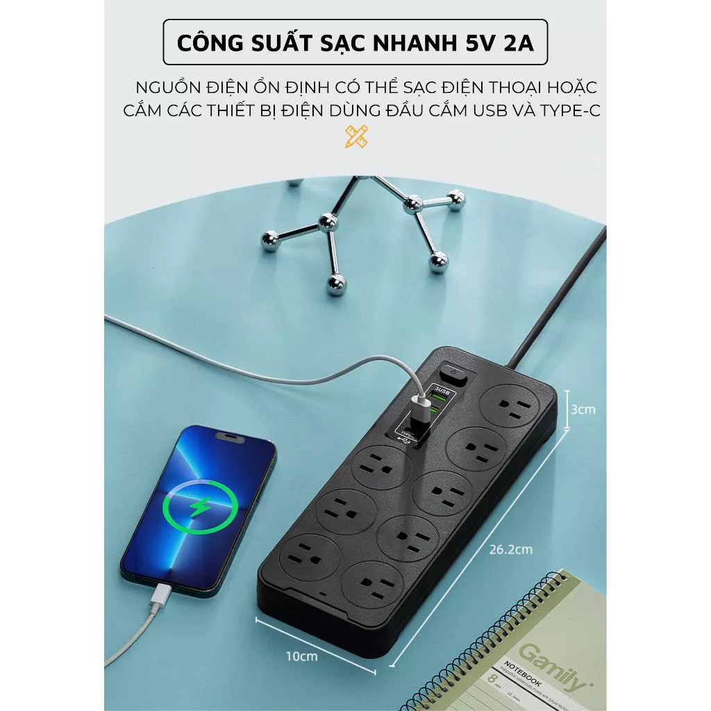 【🔥Rẻ】Ổ Cắm Điện Đa Năng Cao Cấp A8 Sạc Nhanh Cổng USB TypeC Chịu Tải 2500w An Toàn Chịu Nhiệt Dây 2,8M