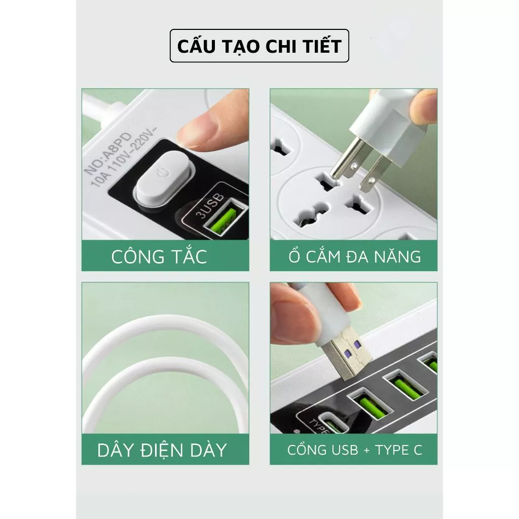 【🔥Rẻ】Ổ Cắm Điện Đa Năng Cao Cấp A8 Sạc Nhanh Cổng USB TypeC Chịu Tải 2500w An Toàn Chịu Nhiệt Dây 2,8M