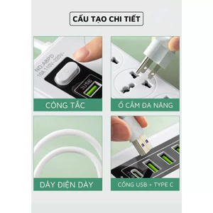 Ổ CẮM NHIỀU CỔNG 8 JACK ĐIỆN KÈM 3 USB, DÂY DÀI 2M, CHỊU TẢI TỐT, SẠC NHANH, Chịu Tải 2500w An Toàn Chịu Nhiệt Dây 2,8M
